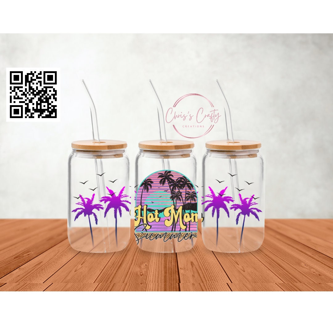 UVDTF Wrap Hot Mom Summer Palms for 16oz Can Glass Mug Tumbler, Ready to apply, Permanent waterproof adhesive