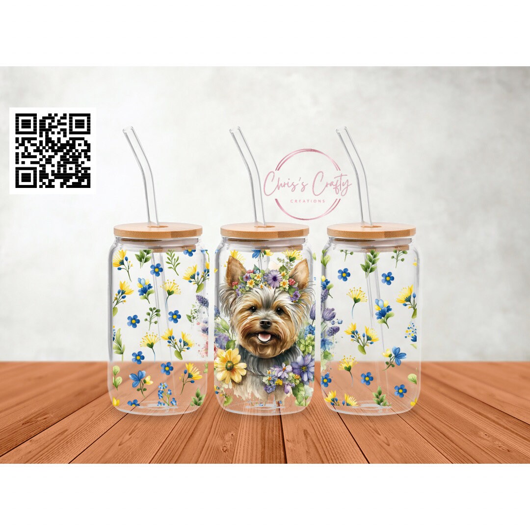 UVDTF Wrap Yorkie Mom Floral 16oz Can Glass Mug Tumbler, Dog Wrap, Ready to apply,  Permanent Waterproof Adhesive
