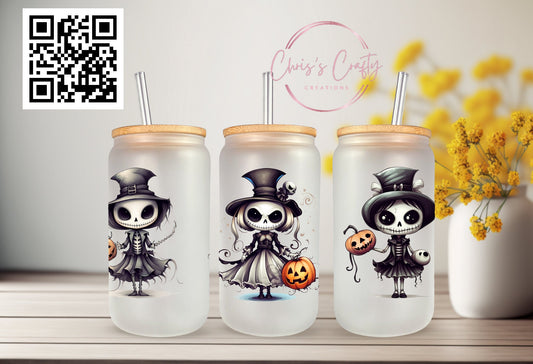 UVDTF Wrap Halloween Jackie Skeleton 16oz Can Glass Mug Tumbler, Ready to Apply, Permanent Waterproof Adhesive