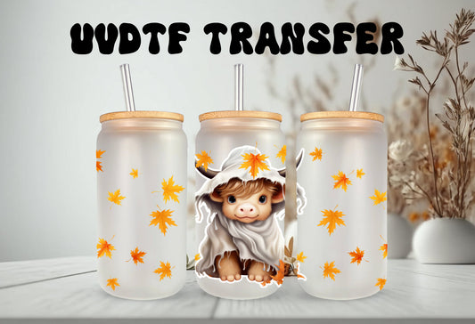 UVDTF Wrap Ghost Cow Leaves 16oz Can Glass, Mug, Tumbler, Ready to Apply, Permanent Waterproof Adhesive