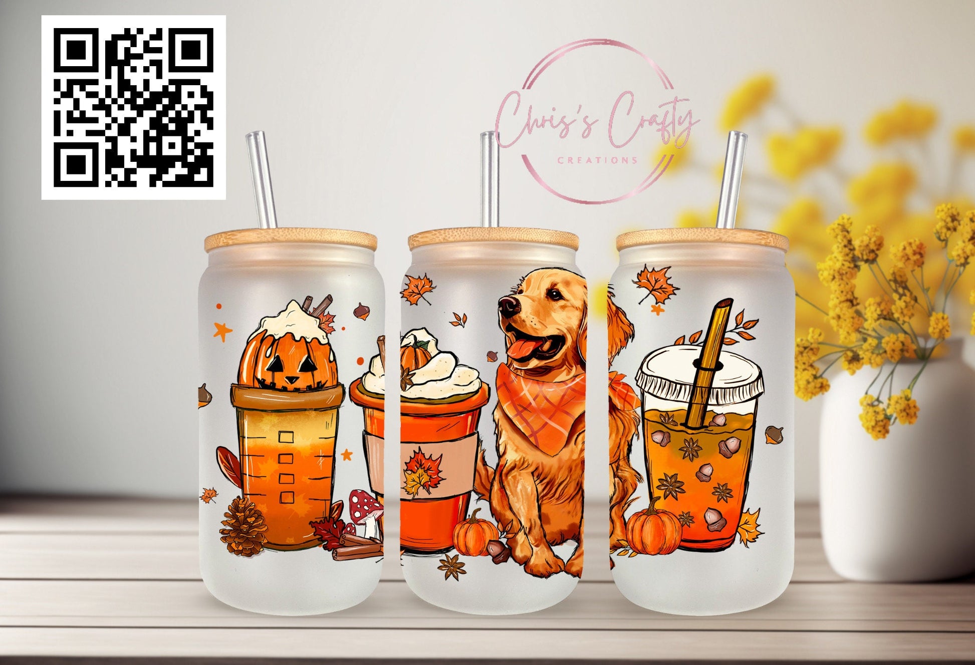 UVDTF Wrap Pumpkin Iced Coffee with Golden Retriever