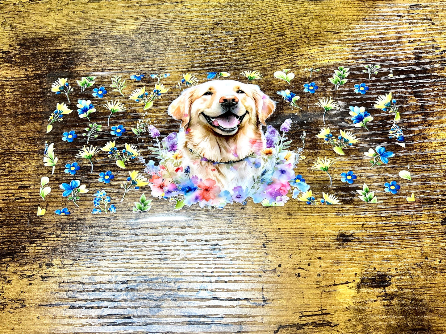 UVDTF Wrap Golden Retriever Floral 16oz Can Glass Mug Tumbler, Dog Wrap, Ready to apply, Permanent Waterproof Adhesive
