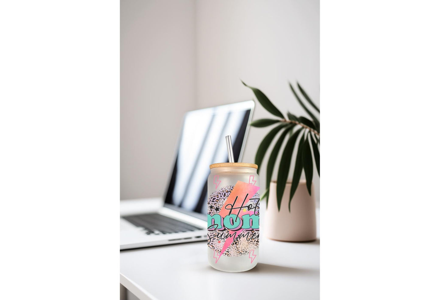 UVDTF Wrap Hot Mom Summer Lightning Bolt 16oz Can Glass Mug Tumbler, Ready to apply, Permanent Waterproof Adhesive