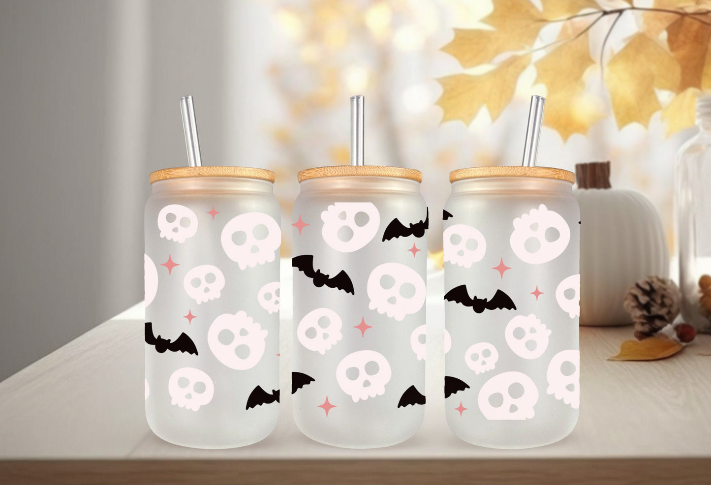 UVDTF Wrap Skull  Bats for 16oz Can Glass, Mug, or Tumbler, Halloween Candy, Ready to apply, Permanent Adhesive Waterproof