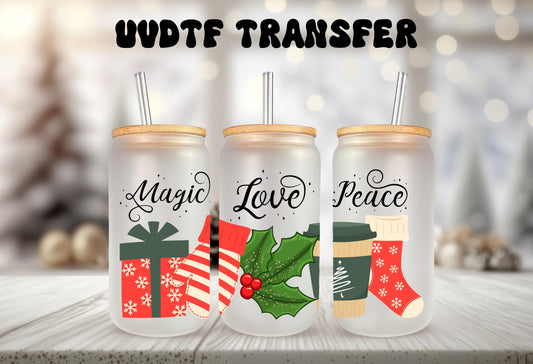 UVDTF WRAP Christmas Presents Magic Love Peace 16 oz Can Glass Mug Tumbler, Christmas Wrap, Ready to apply, Waterproof Permanent Adhesive