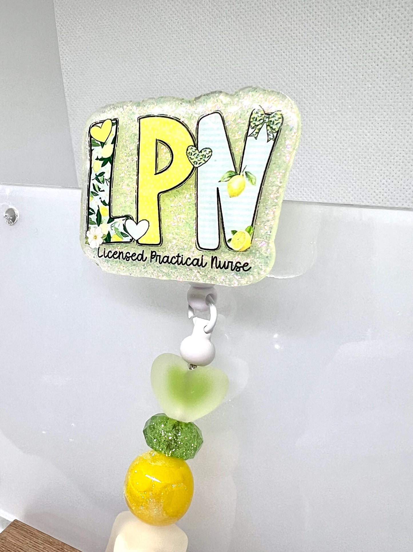 Glittery LPN Badge Reel – Lemon, Flower, and Heart Design for Licensed Practical Nurses, Retractable ID Holder