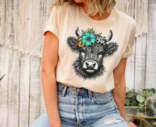 Screenprint Color Highland Cow Colorful Flowers, Full Color Transfer, Ready to Press, Full Color Matte Clear Transfer