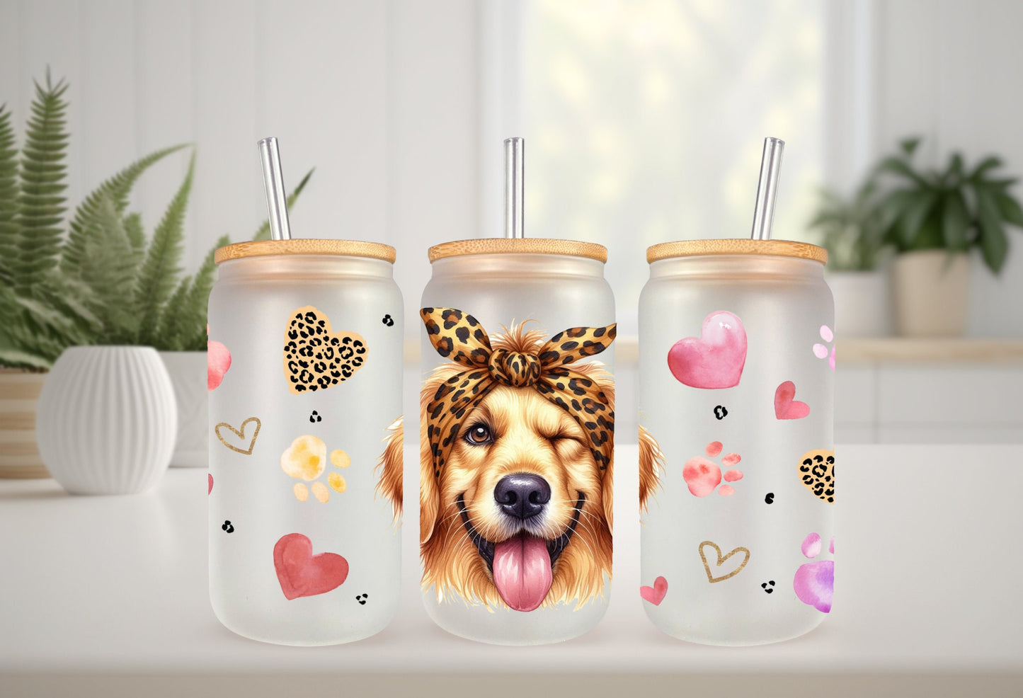 UVDTF Wrap Cute Golden Retriever Leopard Bandana for 16oz can glass Mug Tumbler, Ready to apply, Permanent Waterproof Adhesive, Double Sided option