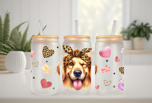 UVDTF Wrap Cute Golden Retriever Leopard Bandana for 16oz can glass Mug Tumbler, Ready to apply, Permanent Waterproof Adhesive, Double Sided option