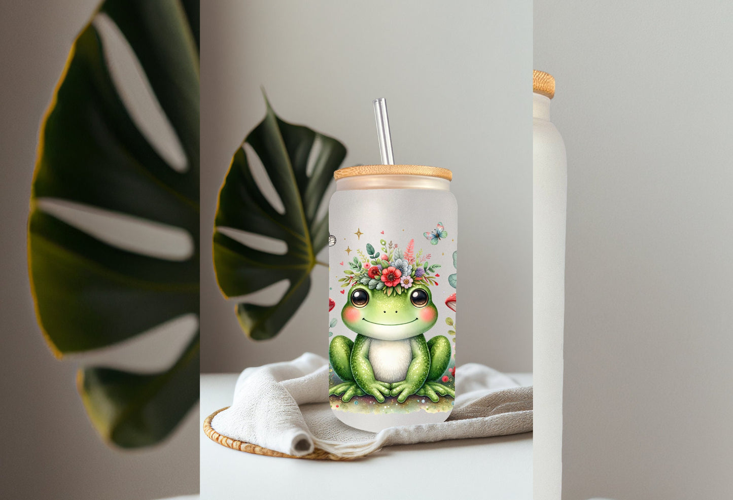 UVDTF Wrap Cute Frog Red Mushrooms 16oz Can Glass Mug  Tumbler, Frog Wrap, Ready to apply, Permanent Waterproof Adhesive