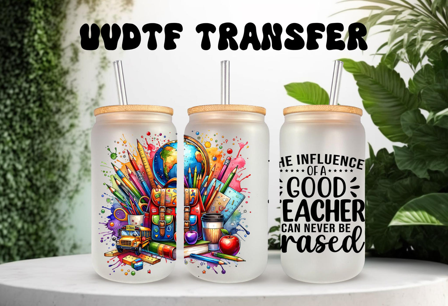 UVDTF Wrap Good Teacher 16oz Can Glass Mug Tumbler, Teacher Gift, Ready to Apply, Permanent Waterproof Adhesive