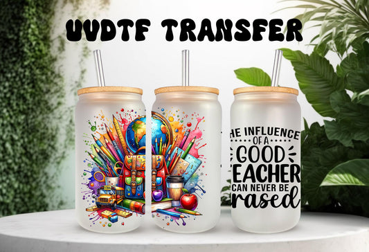 UVDTF Wrap Good Teacher 16oz Can Glass Mug Tumbler, Teacher Gift, Ready to Apply, Permanent Waterproof Adhesive
