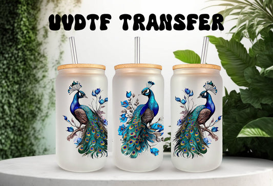 UVDTF Wrap Peacock Bird Blue 16oz Can Wrap Mug Tumbler, Bird Wrap, Ready to apply, Permanent Adhesive Waterproof, Add on a Cup