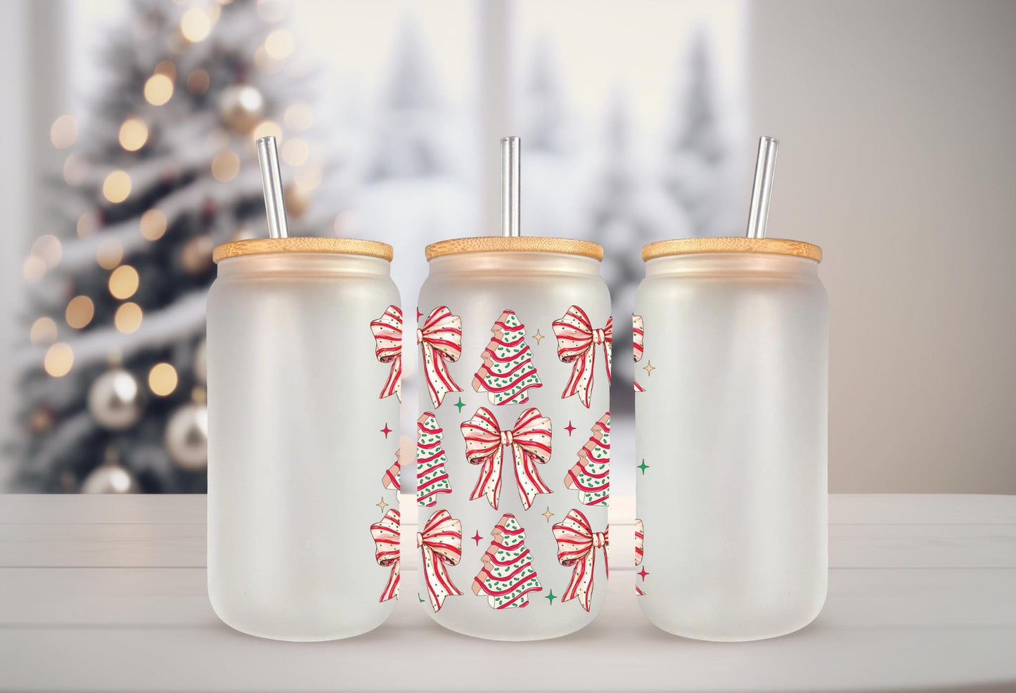UVDTF Decal Tree Cakes Coquette Bows 16oz Can Glass Mug Tumbler, Ready to apply, Permanent Waterproof Adhesive