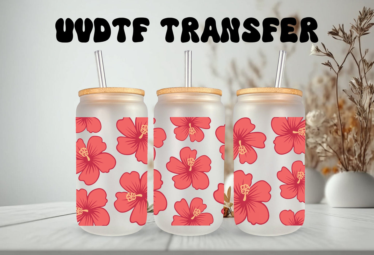 UVDTF Wrap Hibiscus Tropical Flower 16oz Can Glass Mug Tumbler, Tropical wrap, Ready to apply, Permanent Adhesive Waterproof