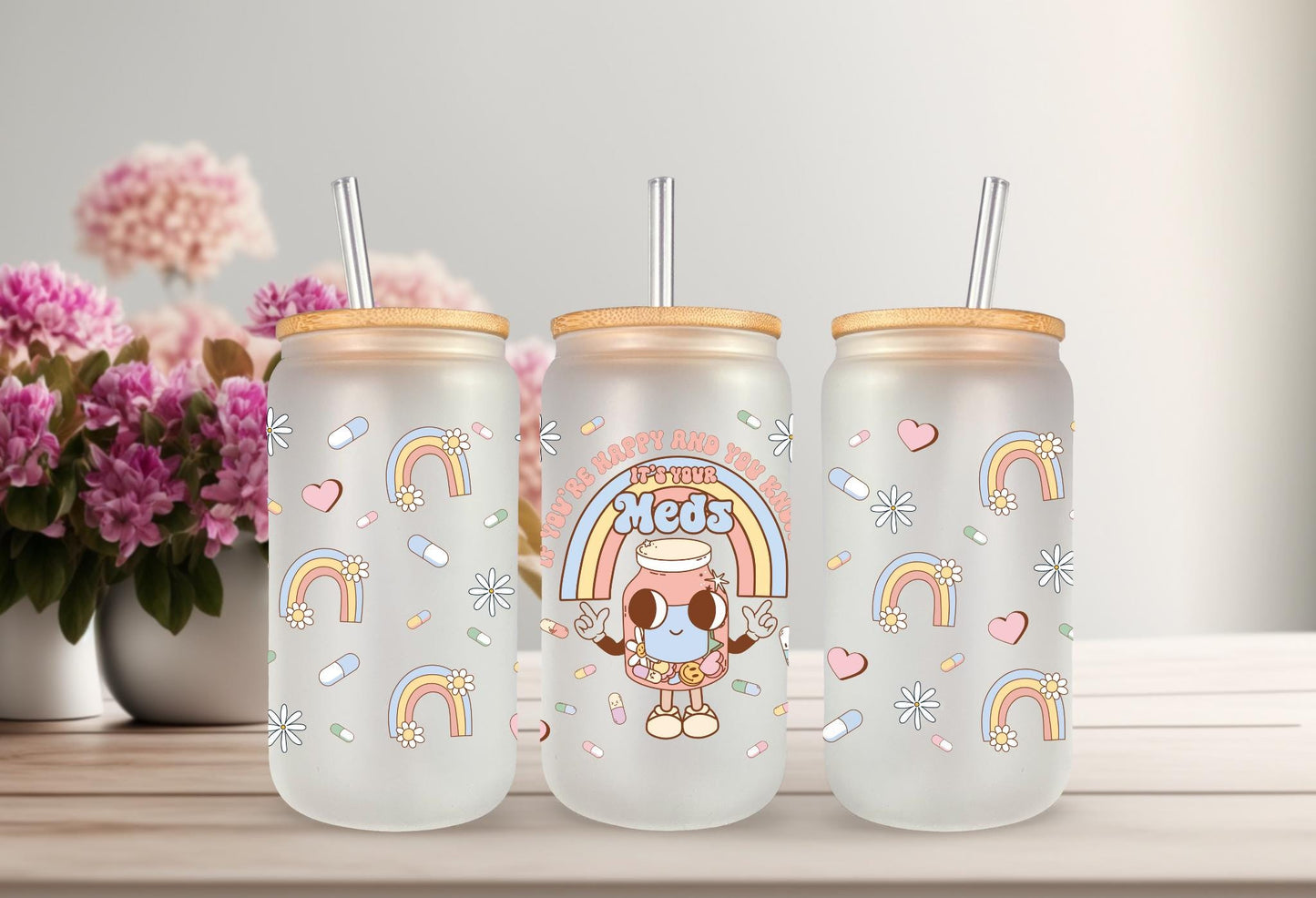 UVDTF Wrap Retro Happy it's Your Meds for 16oz Can Glass Mug Tumbler, Ready to Apply, Permanent Waterproof Adhesive