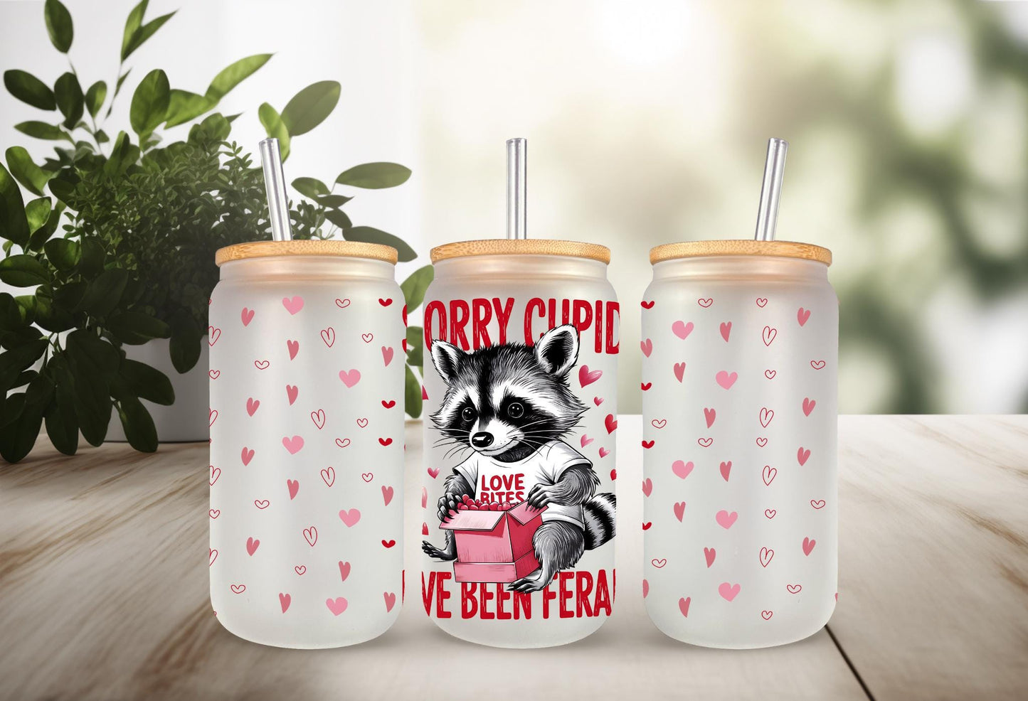 UVDTF Wrap Valentine Racoon Sorry I've Been Feral 16oz Can Glass Mug Tumbler, Racoon Wrap, Ready to Apply, Permanent Waterproof Adhesive