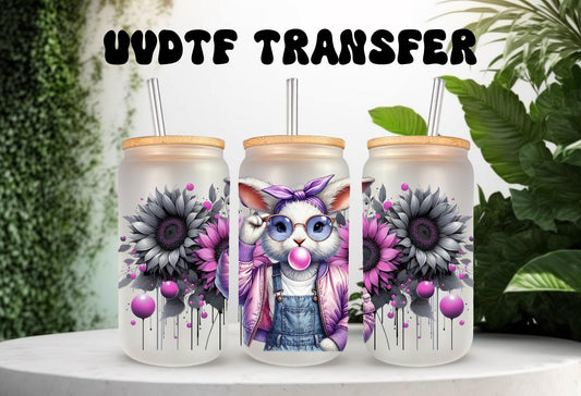 UVDTF Wrap Floral Bunny Bubble Gum 16oz Can Glass Mug Tumbler, Purple Easter Wrap, Ready to Apply, Permanent Waterproof Adhesive