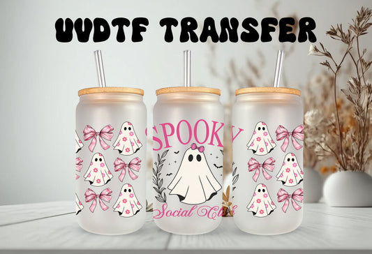 UVDTF Wrap Spooky Ghost Social Club Pink Coquettes Bows 16oz Can Glass, Mug, Tumbler, Ready to Apply, Permanent Waterproof Adhesive