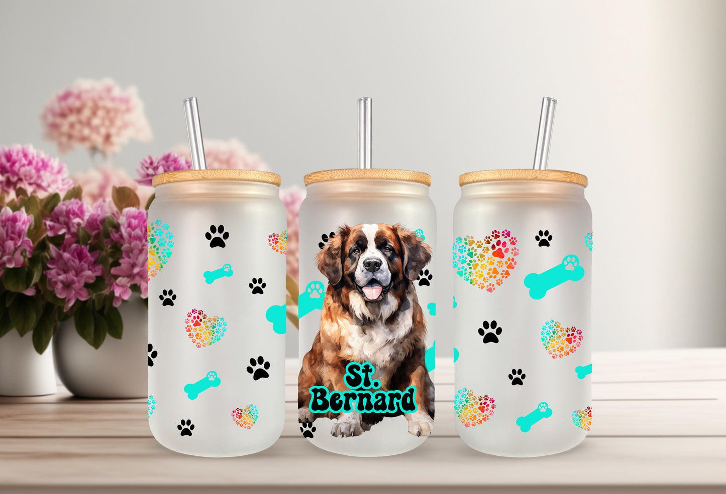 UVDTF Wrap St. Bernard 16oz Can Glass Mug Tumbler, Colorful Dog Wrap, Ready to apply, Permanent Waterproof Adhesive, Bundle Save Option