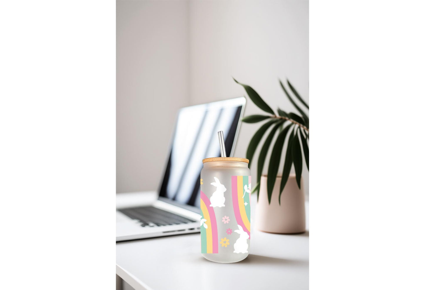 UVDTF Wrap Bunny Rainbow for 20oz Can Glass Mug Tumbler, Easter Wrap Ready to Apply, Permanent Waterproof Adhesive, Double Sided Print Option