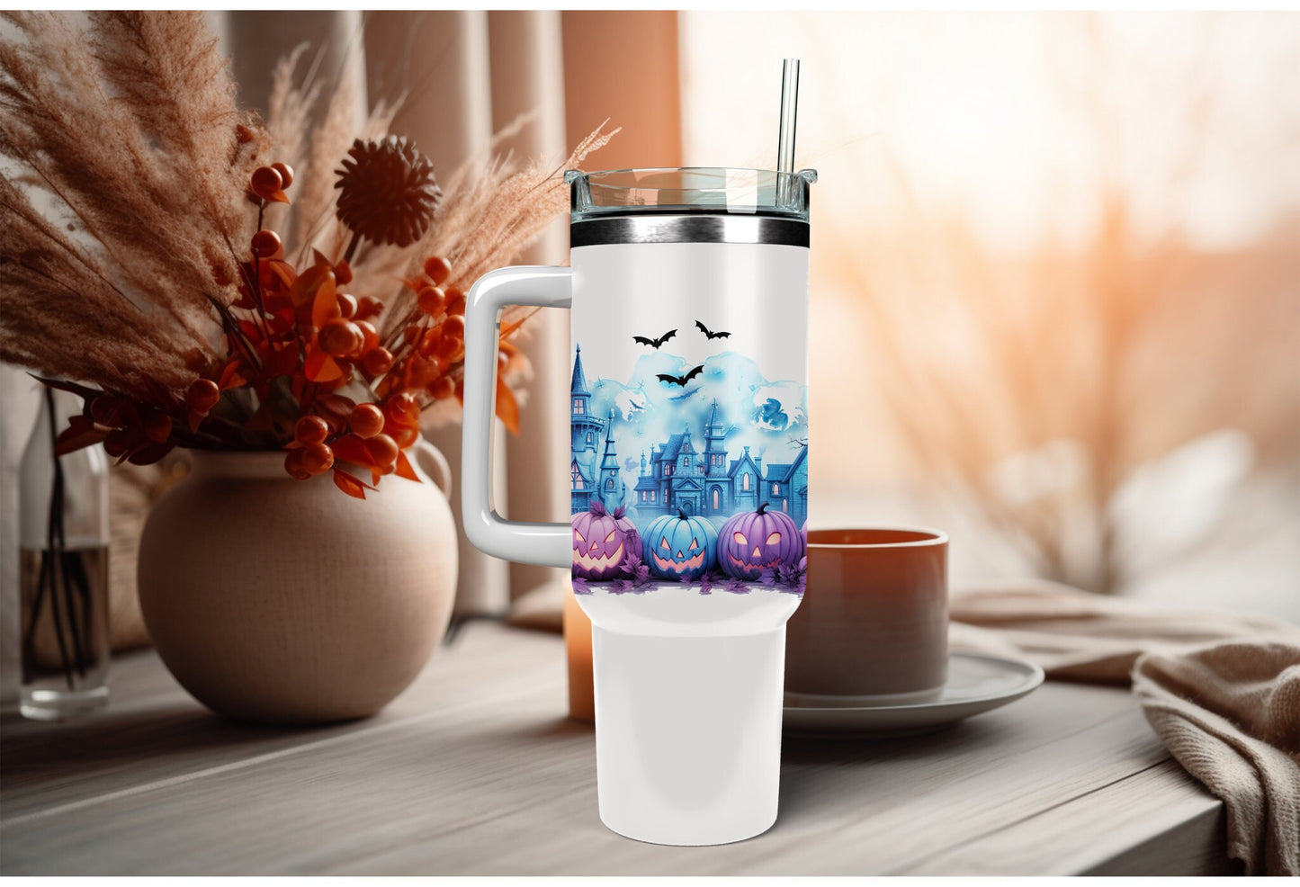 UVDTF Wrap Spooky Bats Pumpkins Haunted House 16 oz Can Glass, Mug, 40 oz Wrap, Ready to apply, Permanent Adhesive, Double sided print