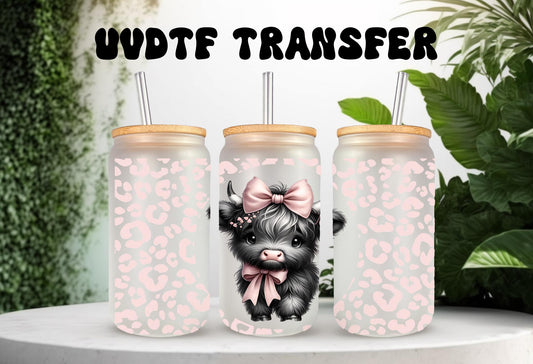 UVDTF Wrap Highland Cow pink Bow Leopard Print 16oz Can Glass Mug Tumbler Wrap, Geese Wrap, Ready to apply, Permanent Adhesive