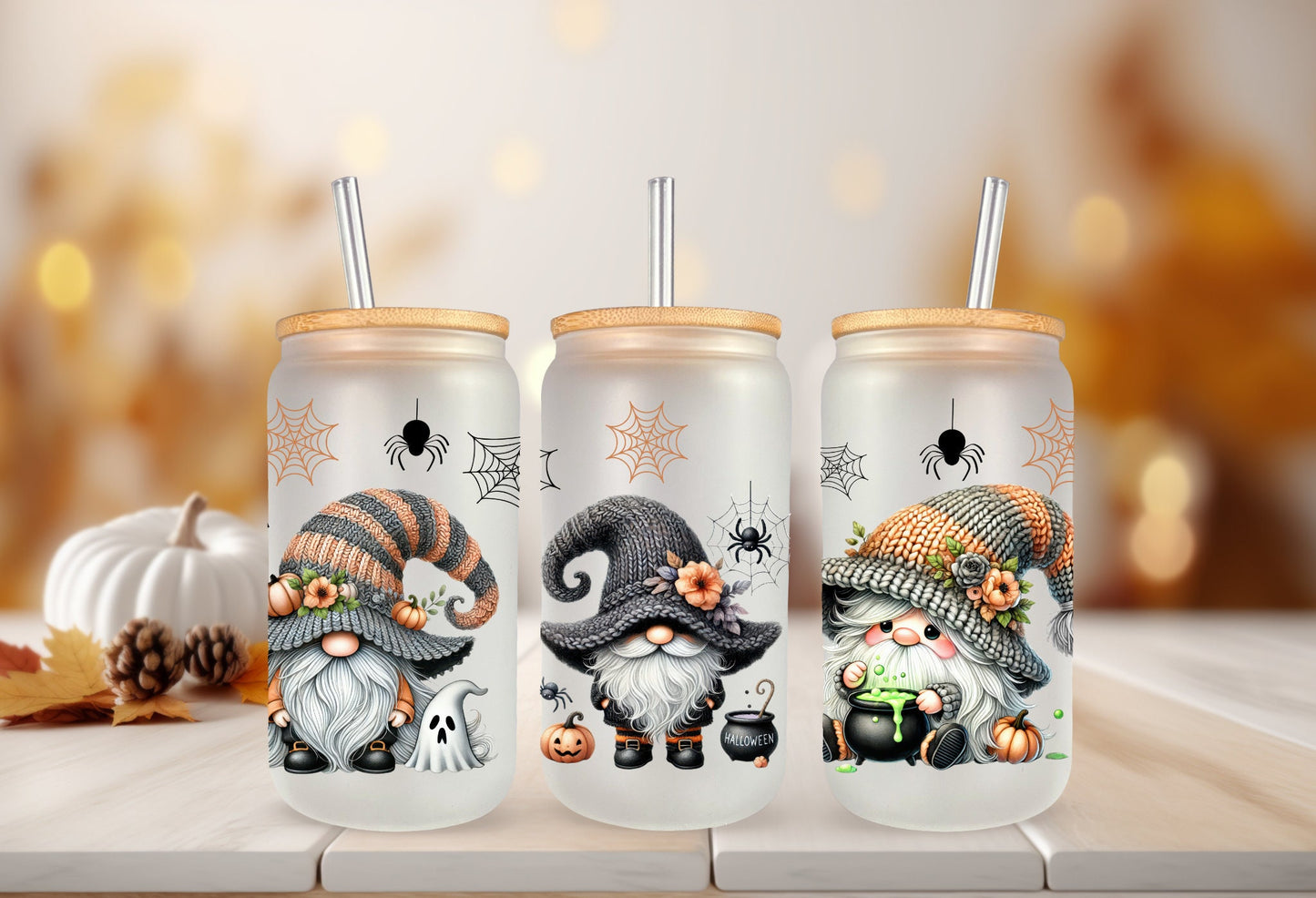 UVDTF Wrap Halloween Gnomes Spider 16 oz Can Glass Mug Tumbler, Gnome Wrap, Ready to apply, Permanent Adhesive, Double sided option