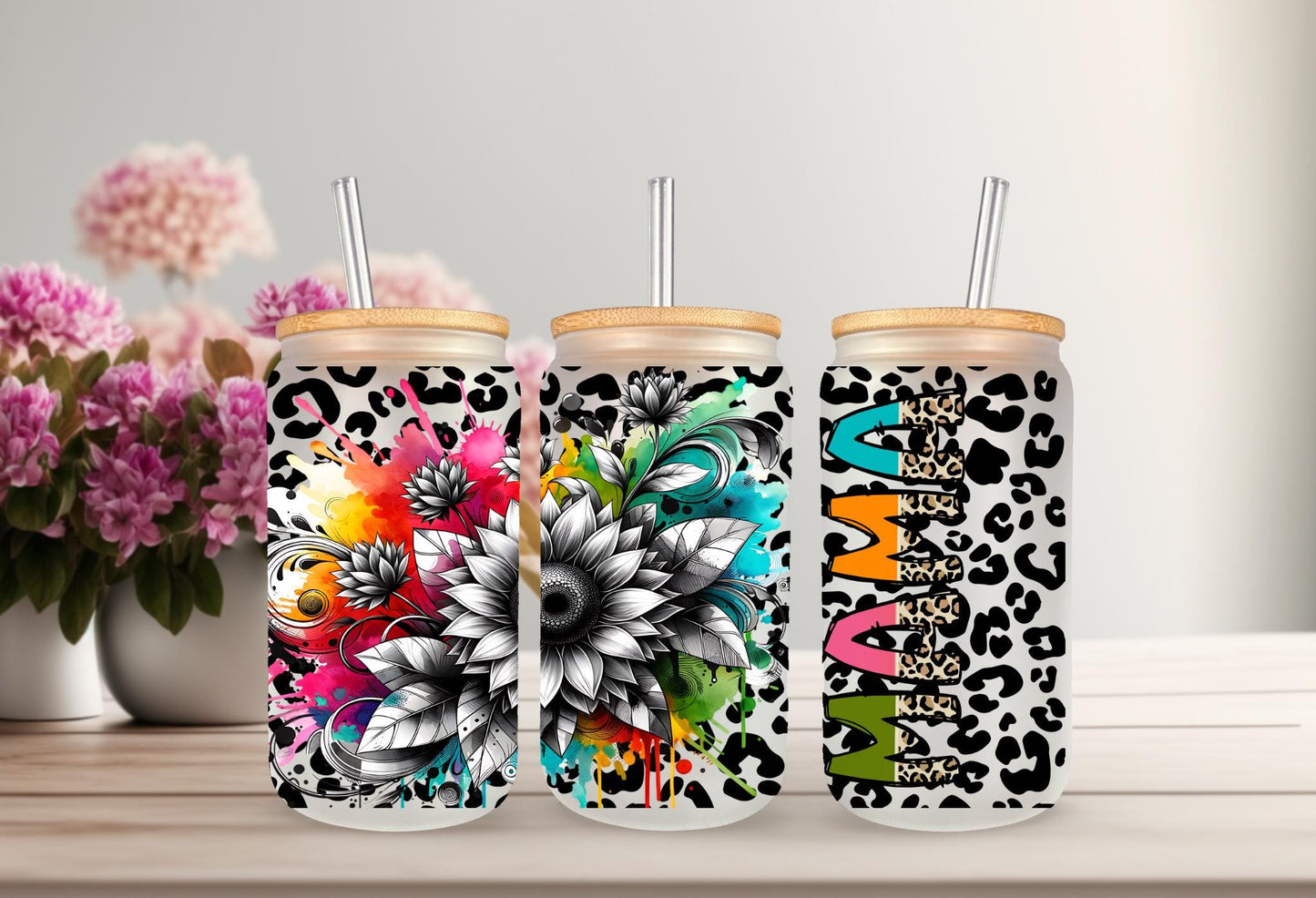 UVDTF Wrap Floral Mama Leopard Print 16oz Can Glass Mug Tumbler, Ready to apply, Permanent Waterproof Adhesive