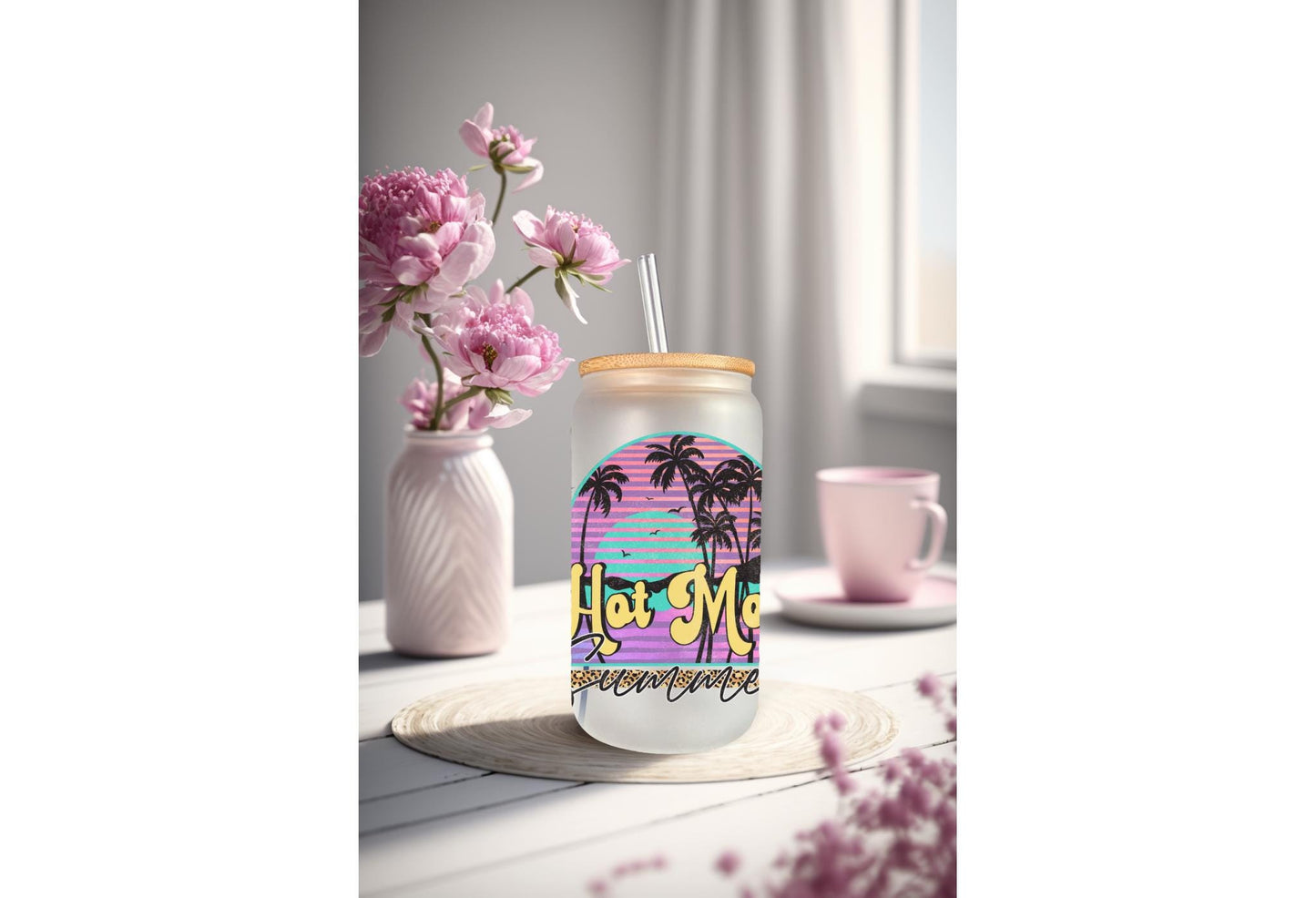 UVDTF Wrap Hot Mom Summer Palms for 16oz Can Glass Mug Tumbler, Ready to apply, Permanent waterproof adhesive