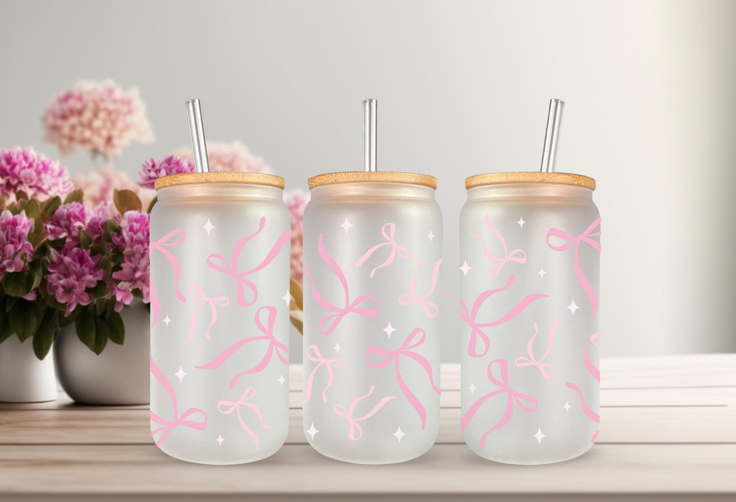 UVDTF Wrap Coquette Bows Light Pink 16oz Can Glass Wrap Mug Tumbler, Bow Wrap, Ready to Apply, Permanent Waterproof Adhesive