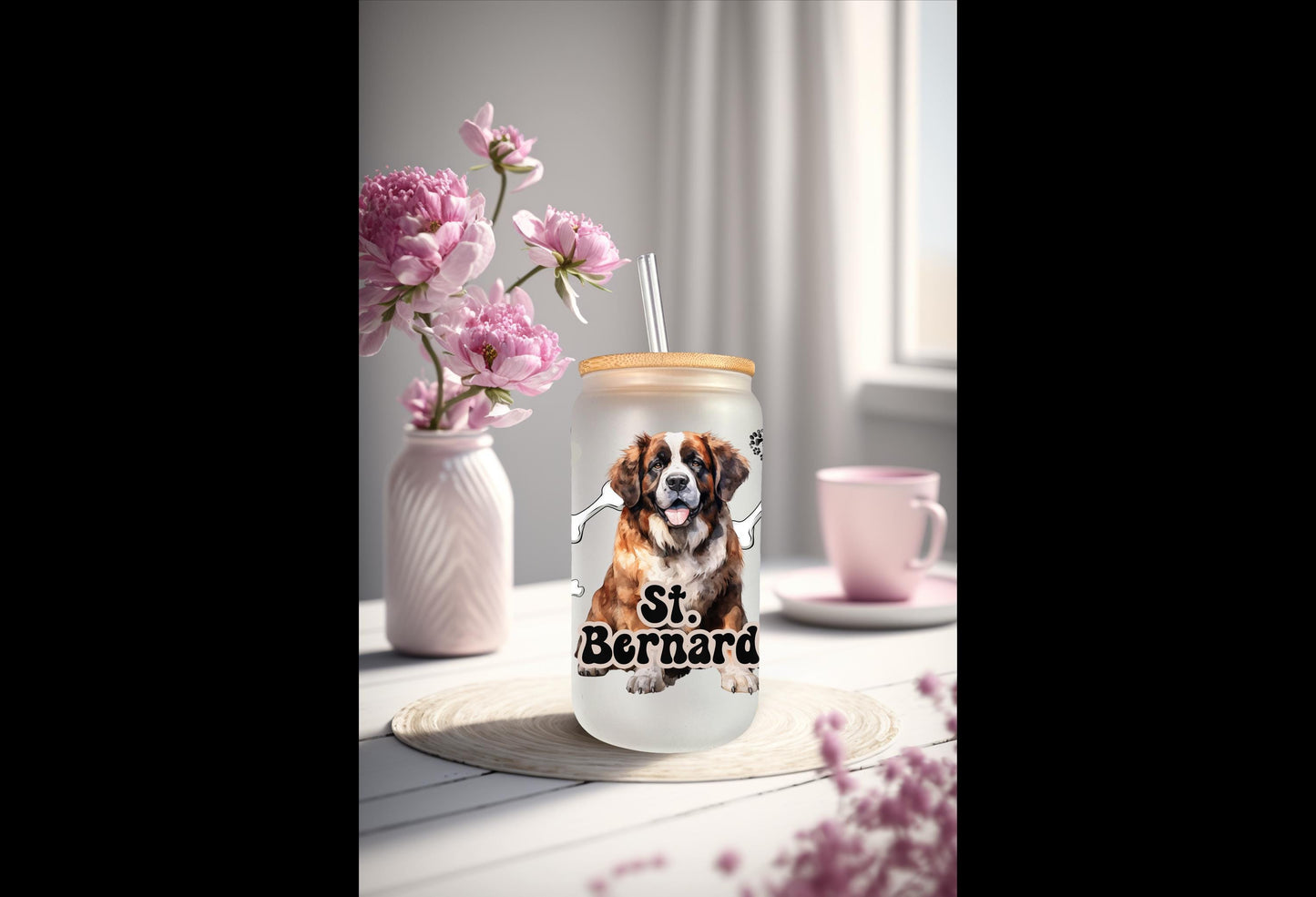 UVDTF Wrap St. Bernard 16oz Can Glass Mug Tumbler, Dog Wrap, Ready to apply, Permanent Waterproof Adhesive, Bundle Save Option