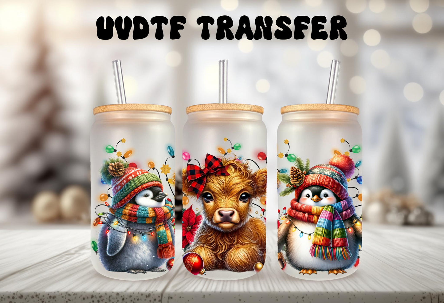 UVDTF Wrap Highland Cow Penguins 16oz Can Glass Mug Tumbler, Christmas Wrap, Ready to Apply, Permanent Waterproof Adhesive, Double Sided Print
