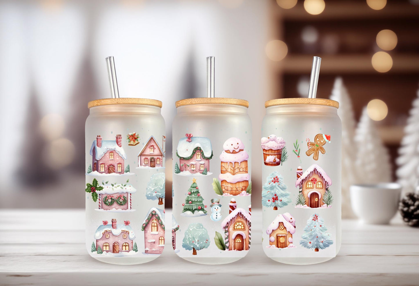 UVDTF Wrap Gingerbread House for 16 oz Can Glass Mug or Tumbler, Ready to Apply, Permanent Waterproof Adhesive