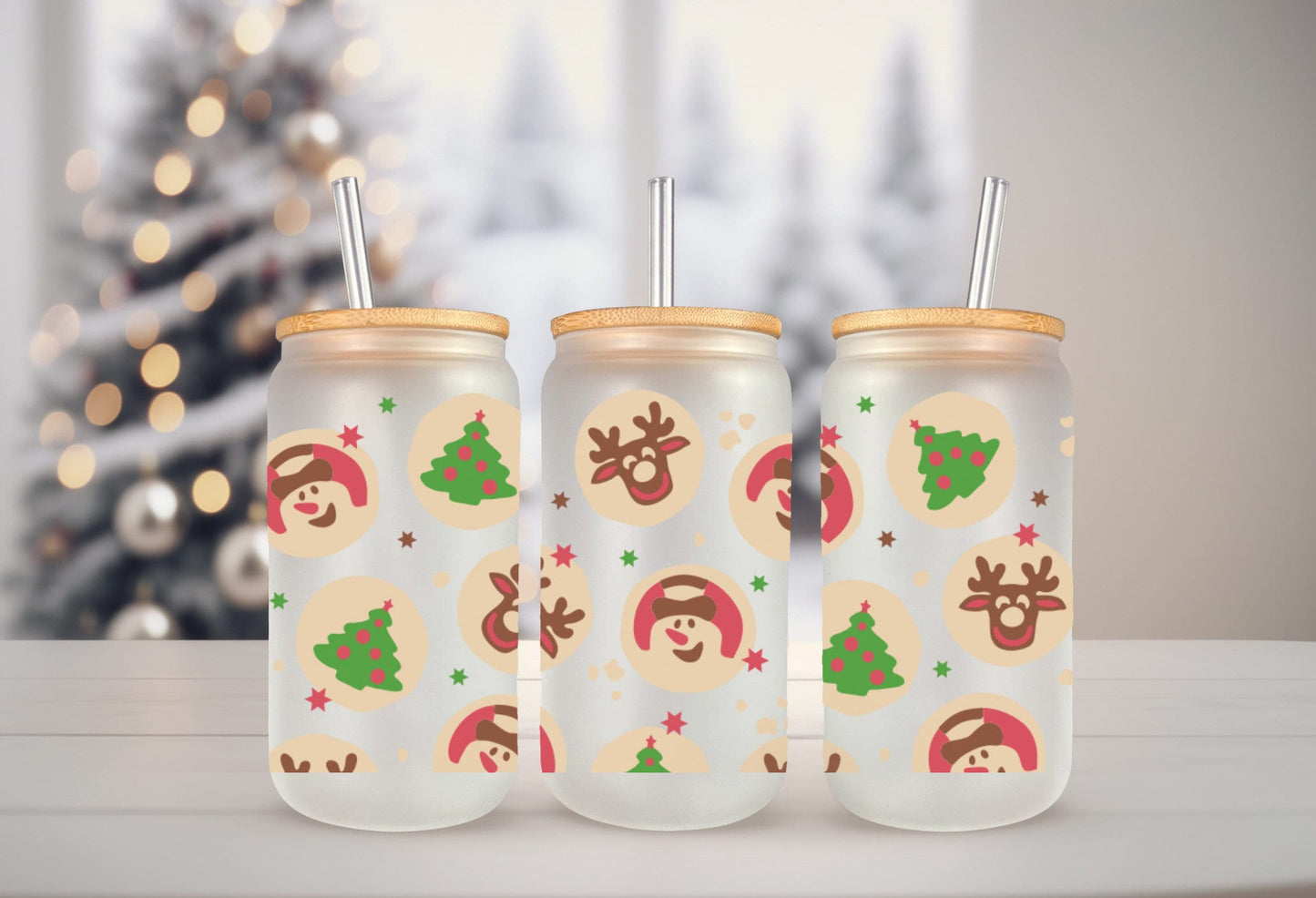 UVDTF Wrap Snowman Reindeer Christmas Tree Cookies for 16oz Can Glass Mug Tumbler, Ready to apply, Permanent waterproof adhesive