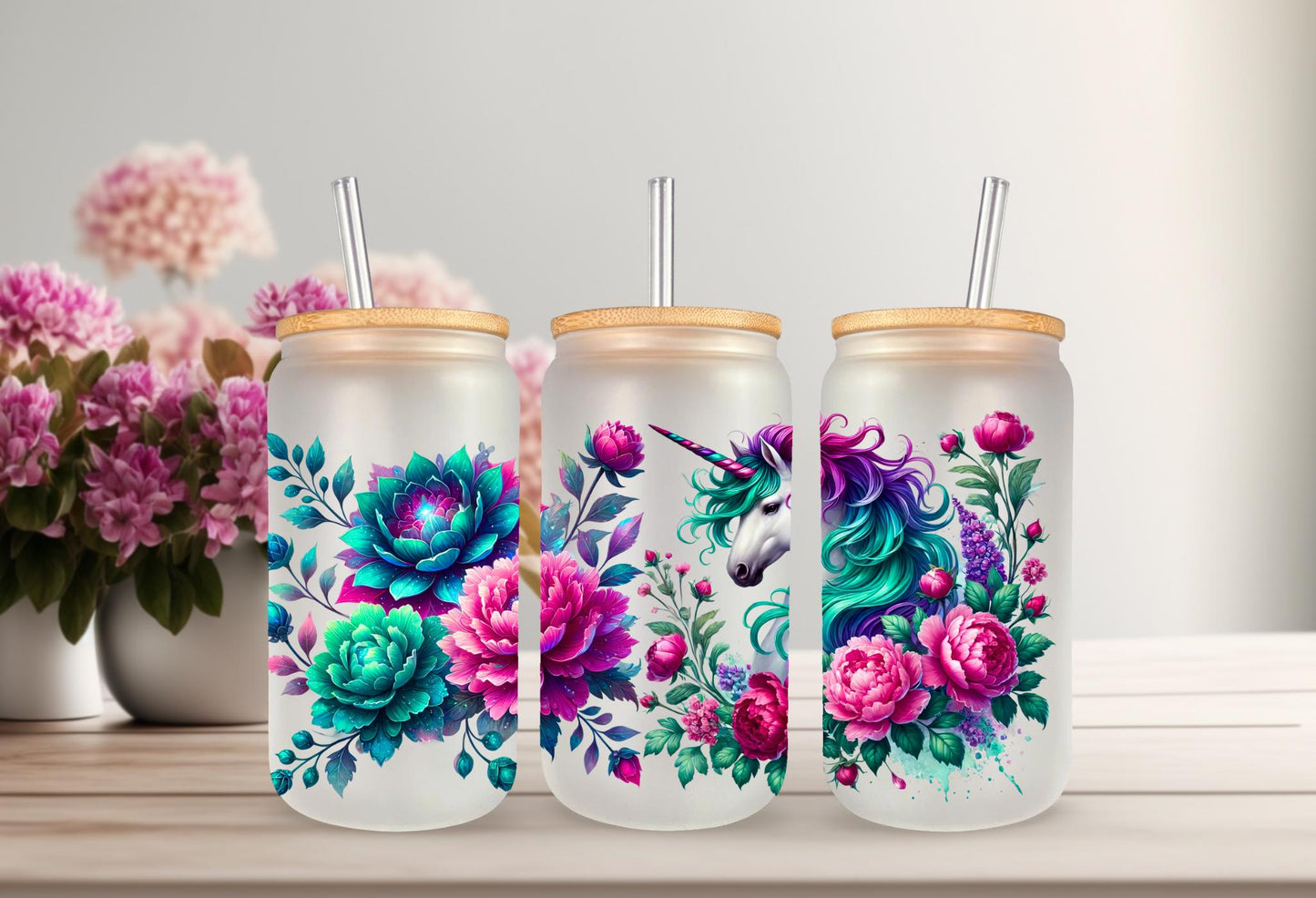 UVDTF Wrap Floral Unicorn 16oz Can Glass Mug Tumbler Wrap, Unicorn Wrap, Ready to apply, Permanent Waterproof Adhesive