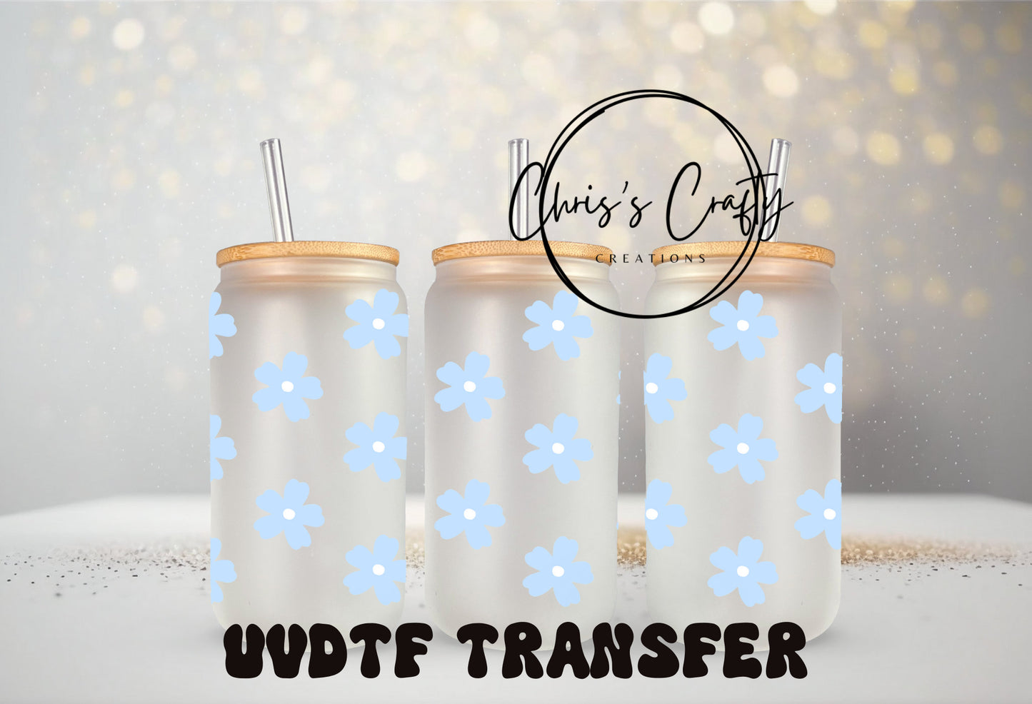 UVDTF Wrap Boho Blue Daisy for 16oz Can Glass Mug Tumbler, Ready to Apply, Permanent Adhesive Waterproof