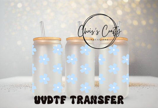 UVDTF Wrap Boho Blue Daisy for 16oz Can Glass Mug Tumbler, Ready to Apply, Permanent Adhesive Waterproof