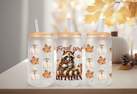 UVDTF Wrap Feral Girl Autumn Racoon Pumpkin for 16oz Can Glass Mug Tumbler, Ready to apply, Permanent Adhesive, Double Sided option