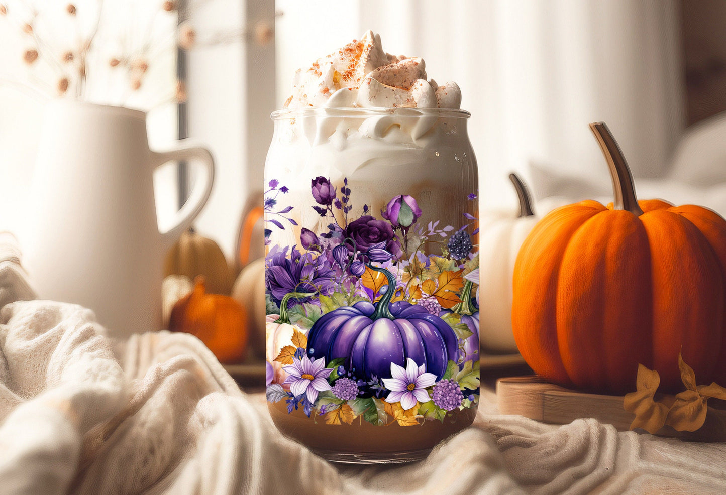 UVDTF Wrap Fall Pumpkin Purple Floral 16oz Can Glass  Mug Tumbler Wrap, Ready to apply, Permanent Adhesive, Double sided option
