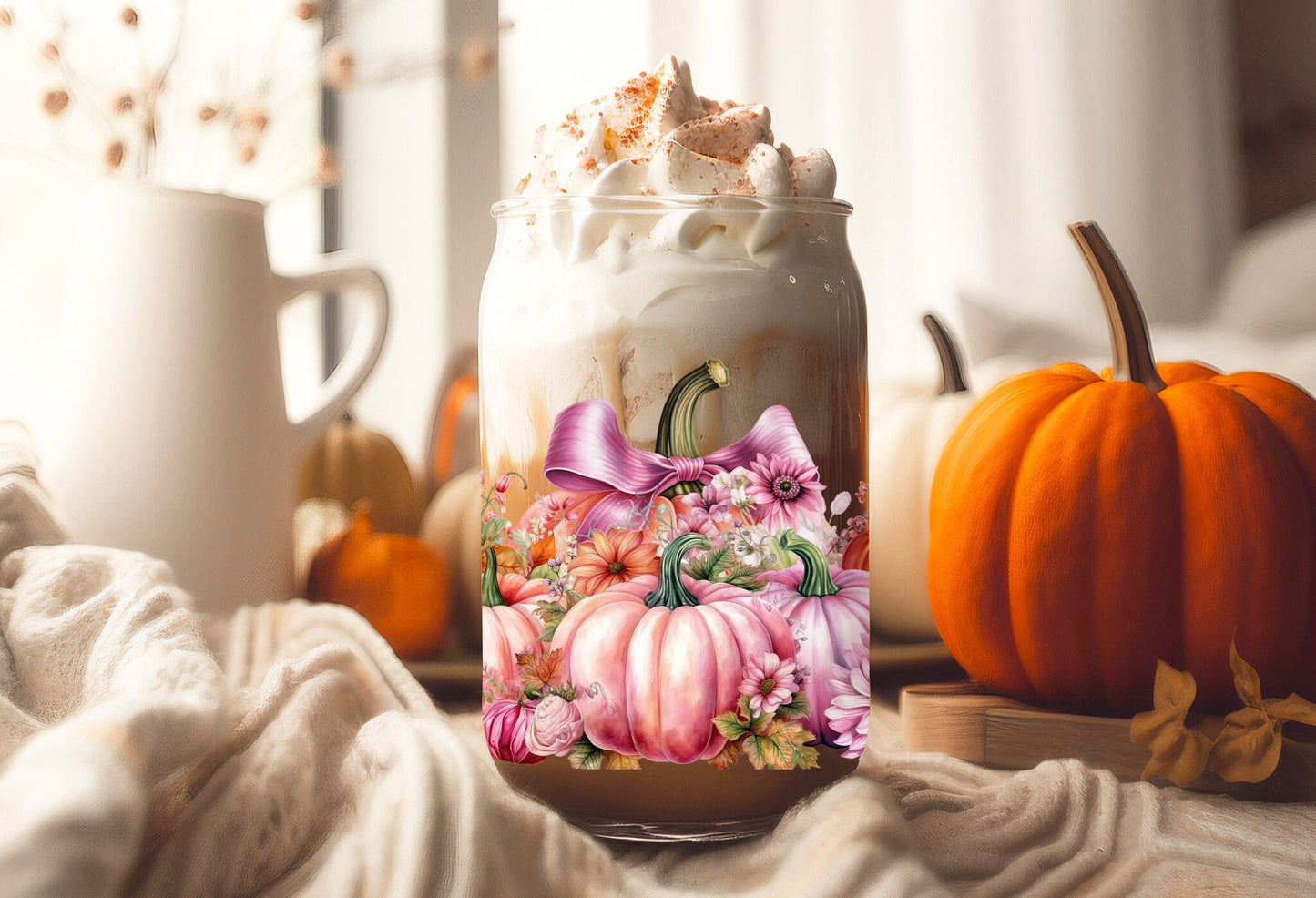 UVDTF Wrap Fall Pumpkin Pink Floral 16oz Can Glass, Mug, Tumbler Wrap, Ready to Apply, Permanent Waterproof Adhesive