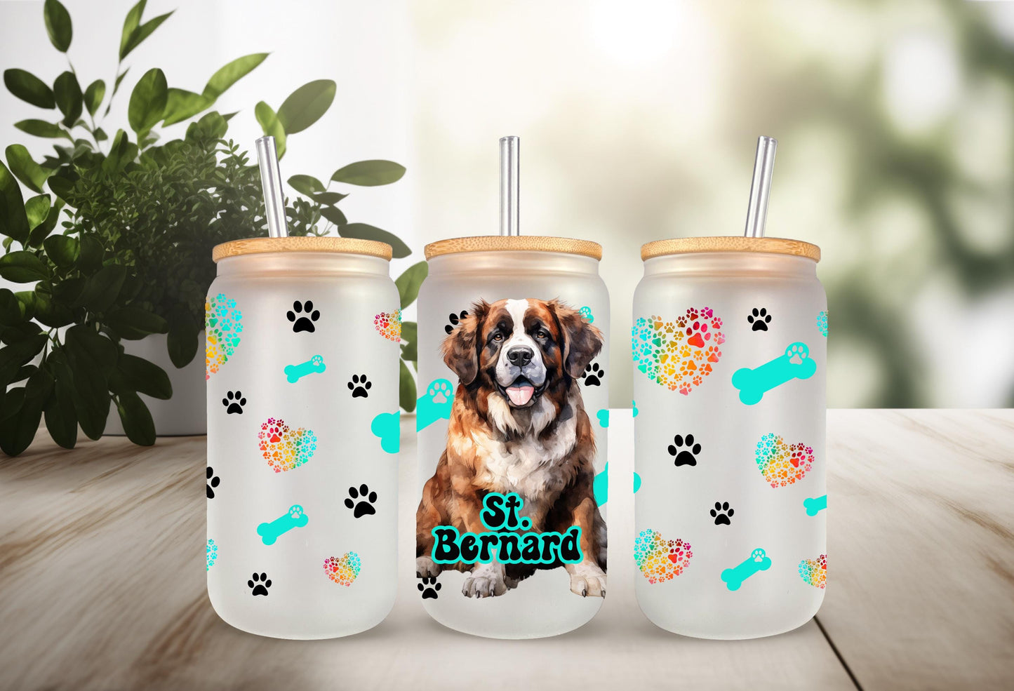 UVDTF Wrap St. Bernard 16oz Can Glass Mug Tumbler, Colorful Dog Wrap, Ready to apply, Permanent Waterproof Adhesive, Bundle Save Option