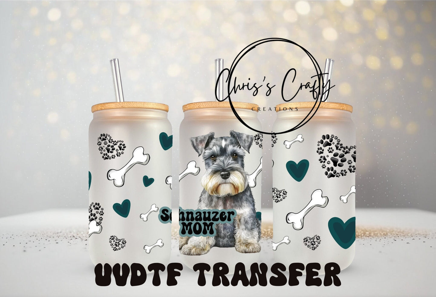 UVDTF Wrap Schnauzer Dog Mom 16oz Can Glass Mug Tumbler, Dog mom, Ready to apply, Permanent Waterproof Adhesive