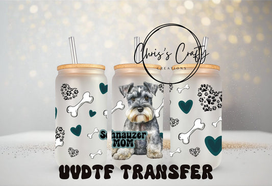 UVDTF Wrap Schnauzer Dog Mom 16oz Can Glass Mug Tumbler, Dog mom, Ready to apply, Permanent Waterproof Adhesive
