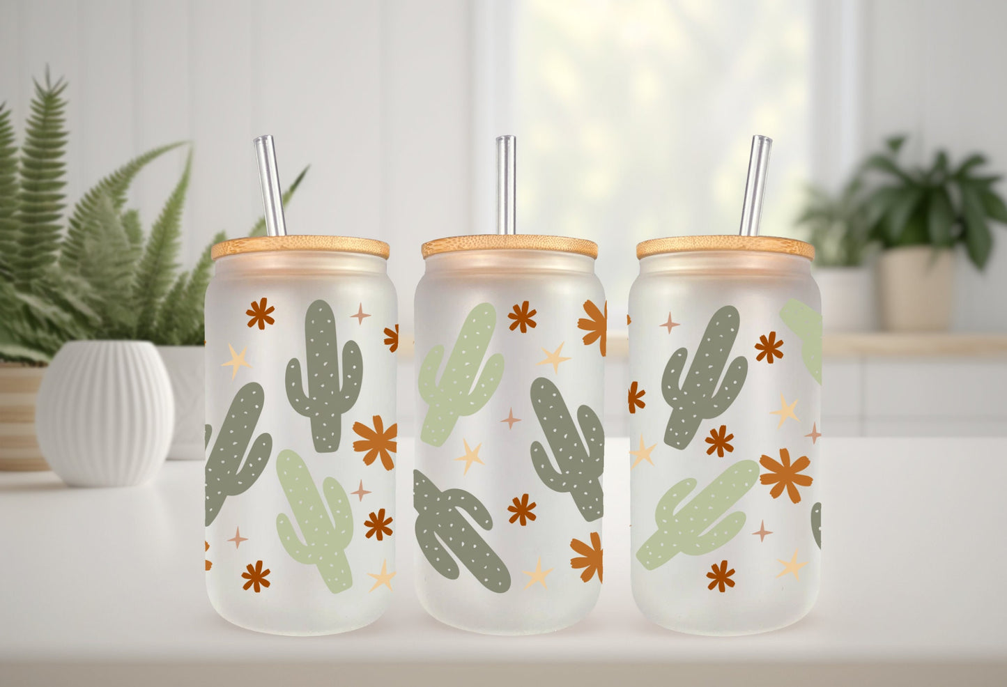 UVDTF Wrap Boho Cactus for 16oz Can Glass, Mug, Tumbler, Cactus Wrap, Ready to apply, Permanent Adhesive Waterproof, Add on a Cup