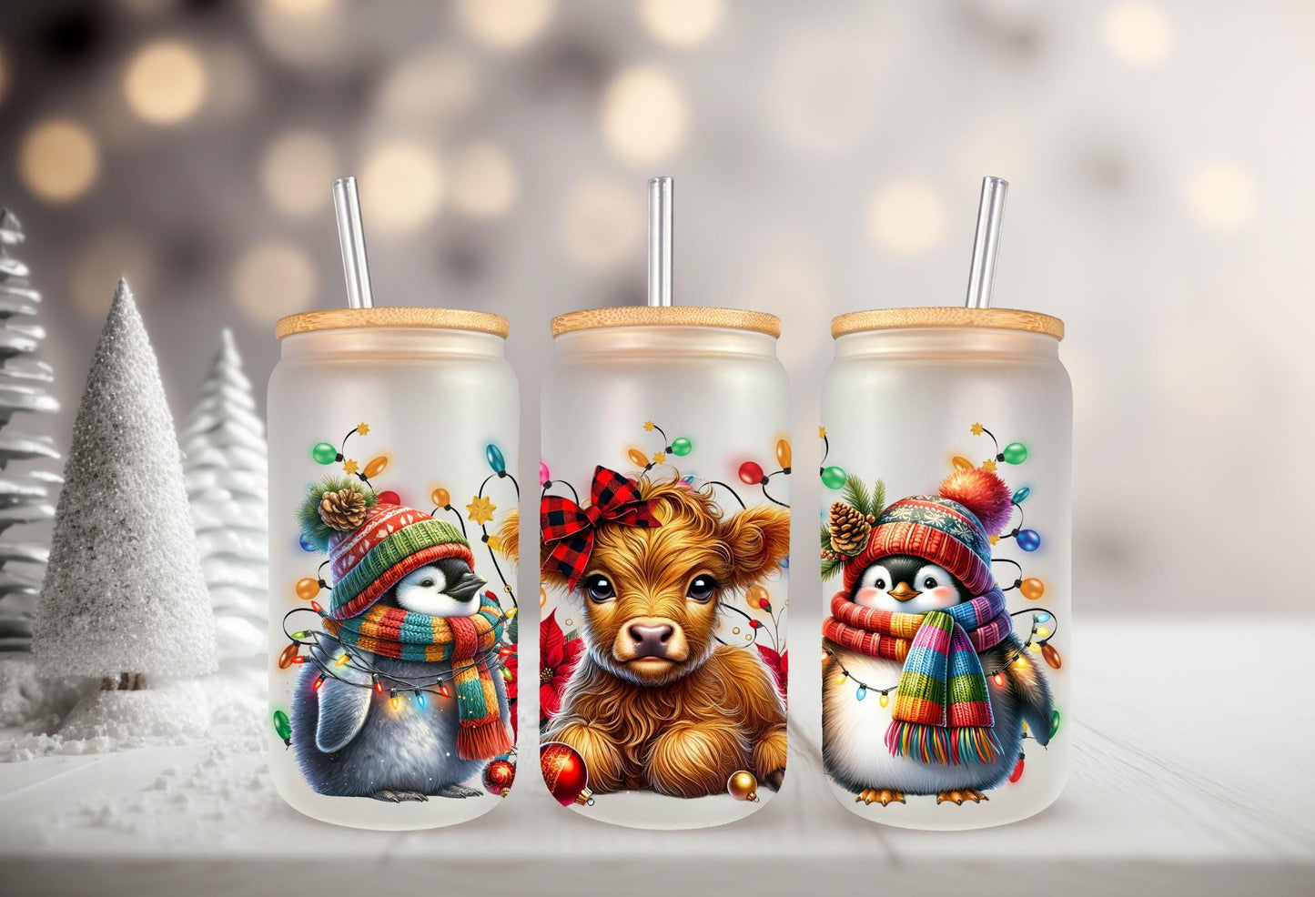 UVDTF Wrap Highland Cow Penguins 16oz Can Glass Mug Tumbler, Christmas Wrap, Ready to Apply, Permanent Waterproof Adhesive, Double Sided Print