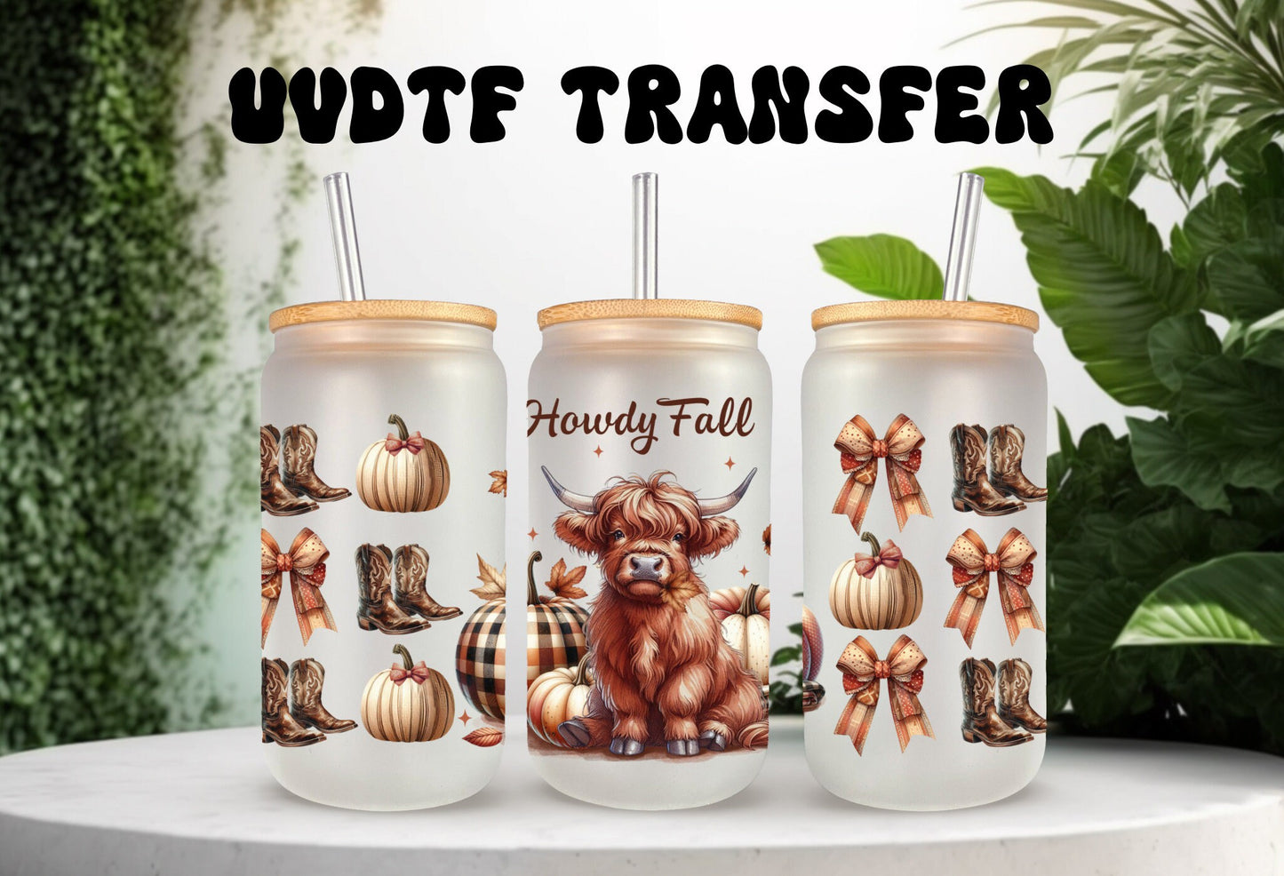 UVDTF Wrap Howdy Fall Highland Cow Coquette Bows for 16oz Can Glass Mug Tumbler, Ready to Apply, Permanent Waterproof Adhesive