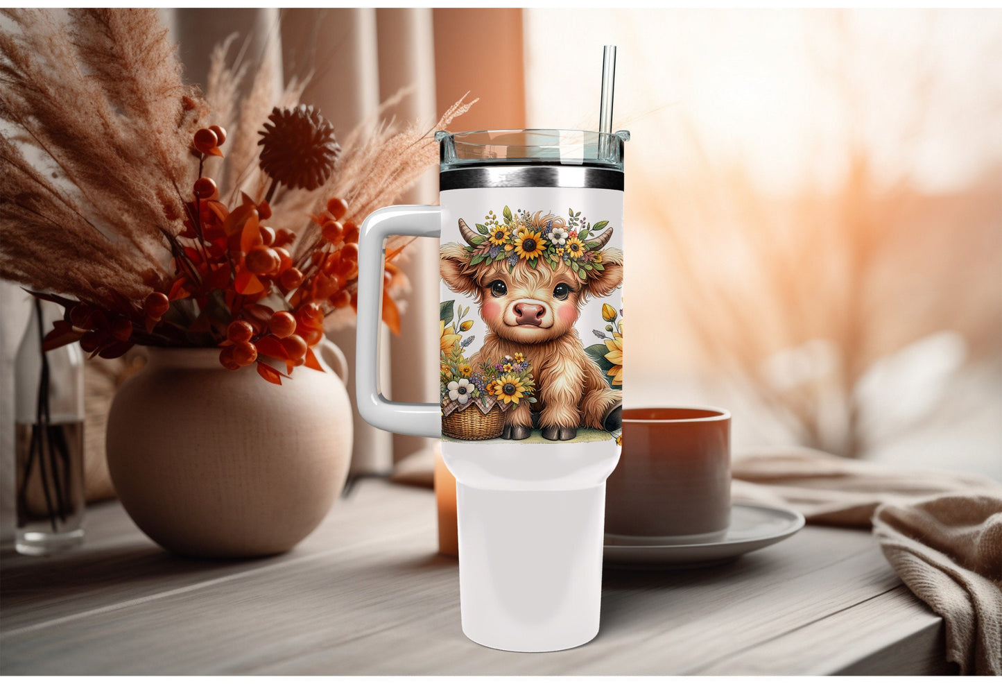 UVDTF Wrap Highland Cow Daisies Yellow for 16oz Can Glass, Mug Tumbler, Ready to apply, Permanent Adhesive, Double sided option