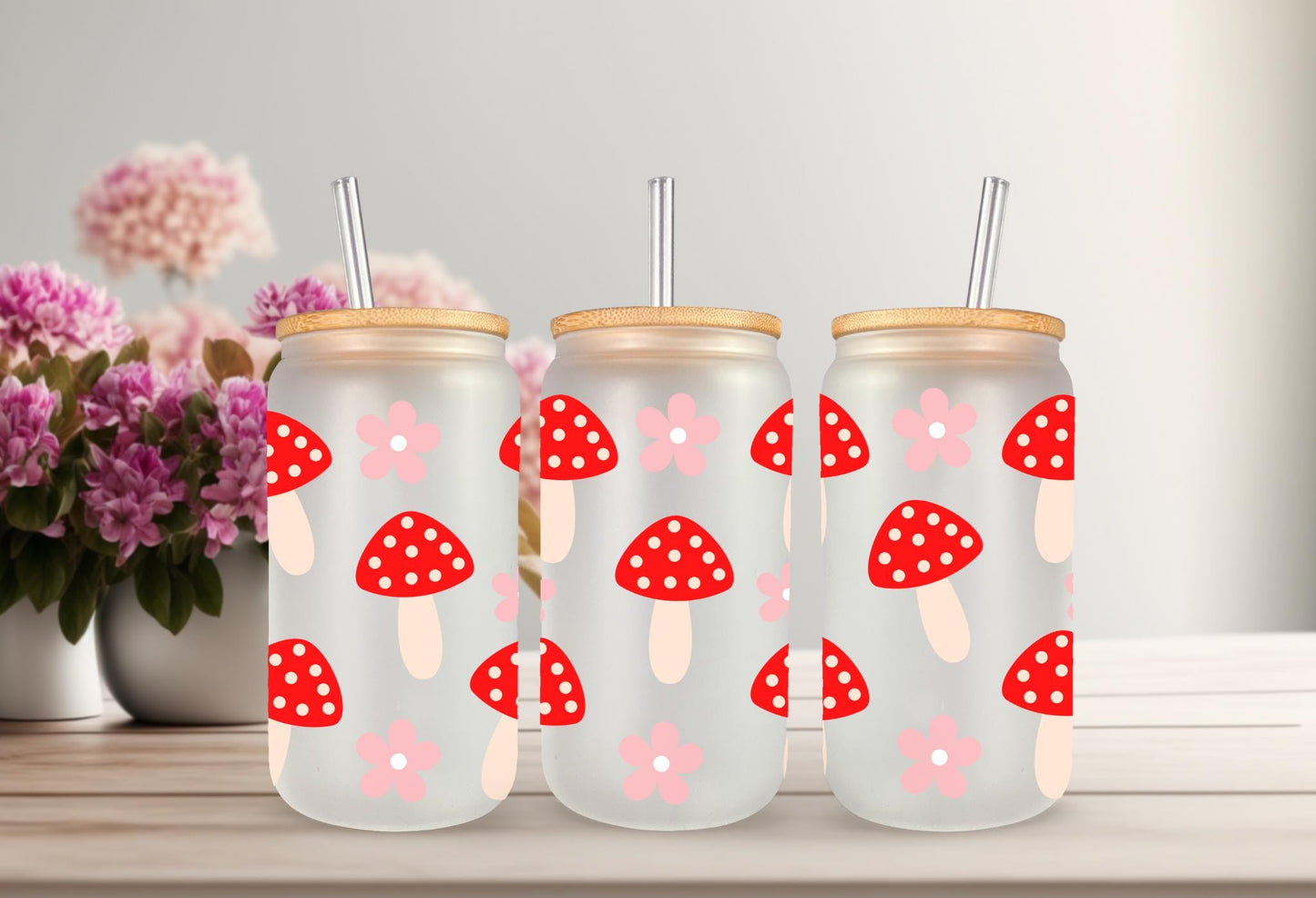 UVDTF Wrap Red Mushrooms Floral 16oz Can Glass Mug Tumbler, Mushroom Floral Wrap, Ready to apply, Permanent Waterproof Adhesive