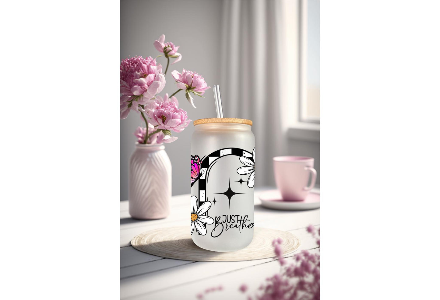 UVDTF Wrap Positive Saying Floral Butterfly 16oz Can Glass Mug Tumbler, Just Breathe Wrap, Ready to Apply, Permanent Waterproof Adhesive